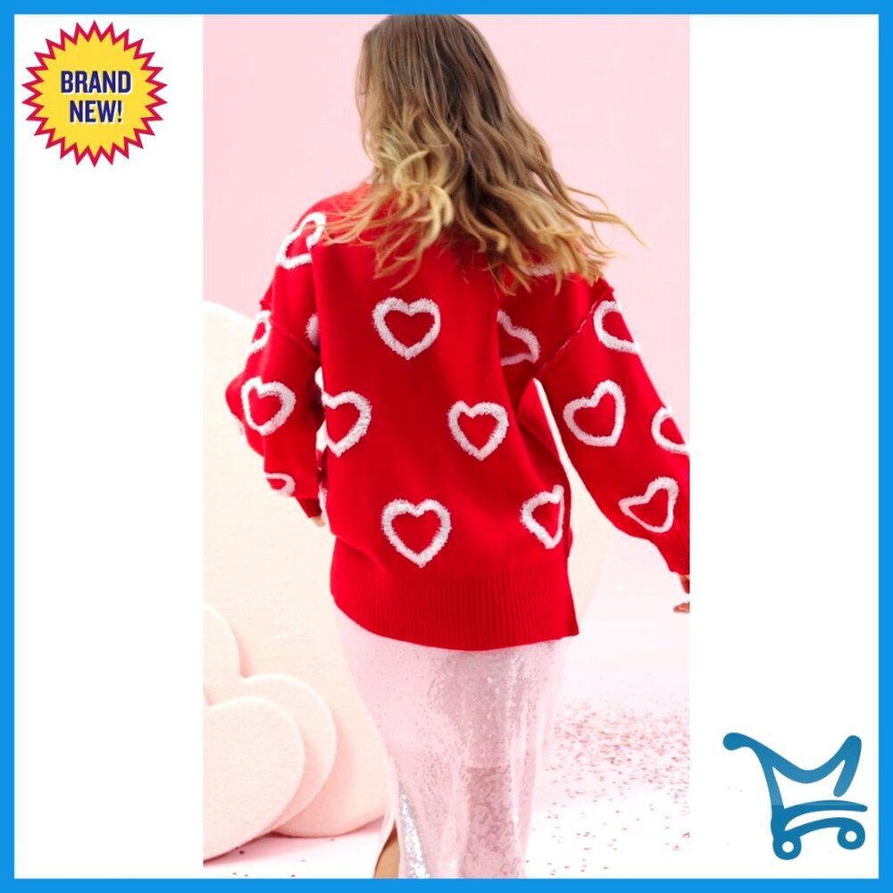 Oversized Chunky Knit Heart Sweater Y2K Cute Winter Pullover Side Slit - Picture 6 of 7